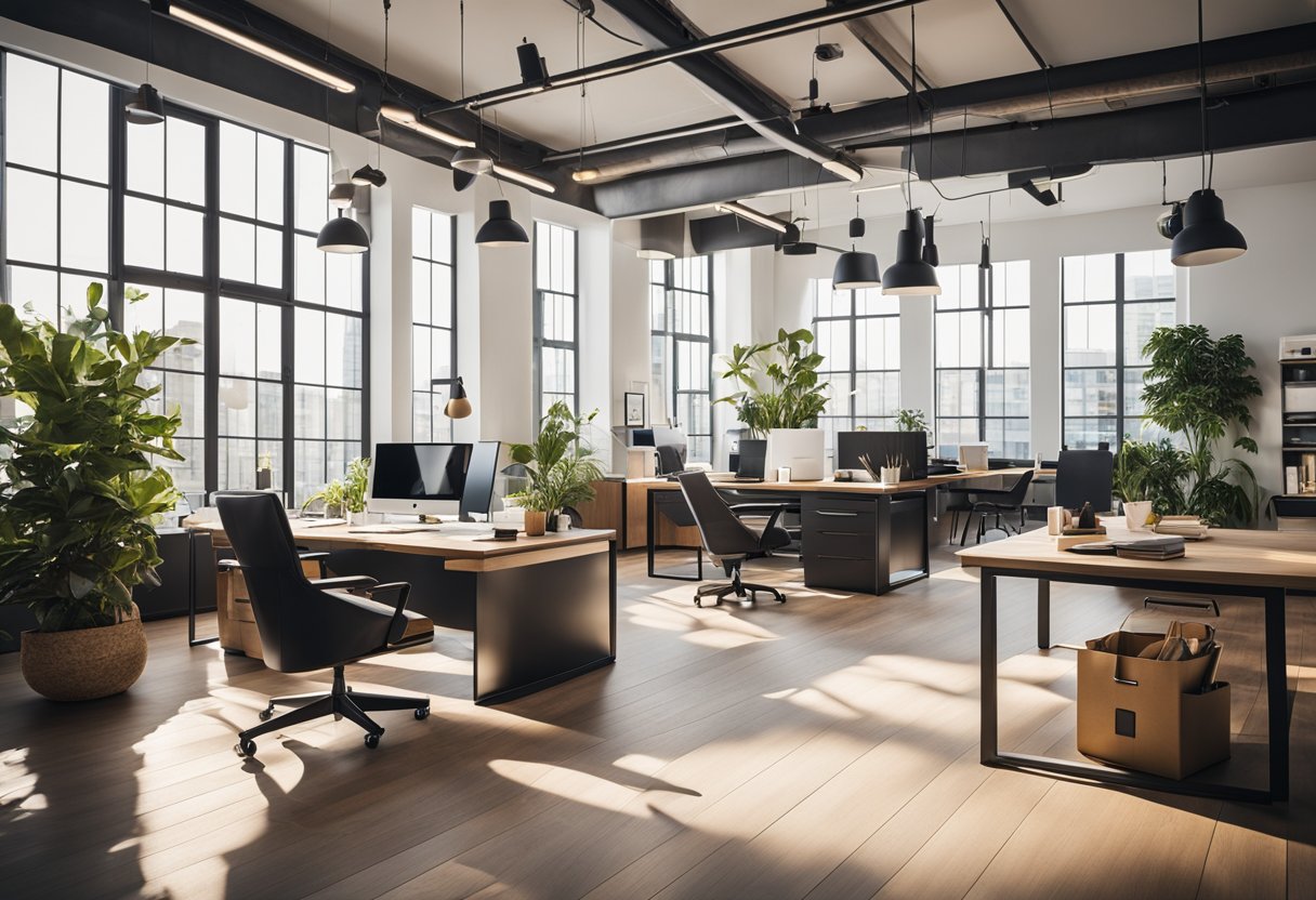 An elegant office with modern furniture and a vibrant color scheme. Designers collaborating on mood boards and sketches. Bright, natural light streaming in through large windows