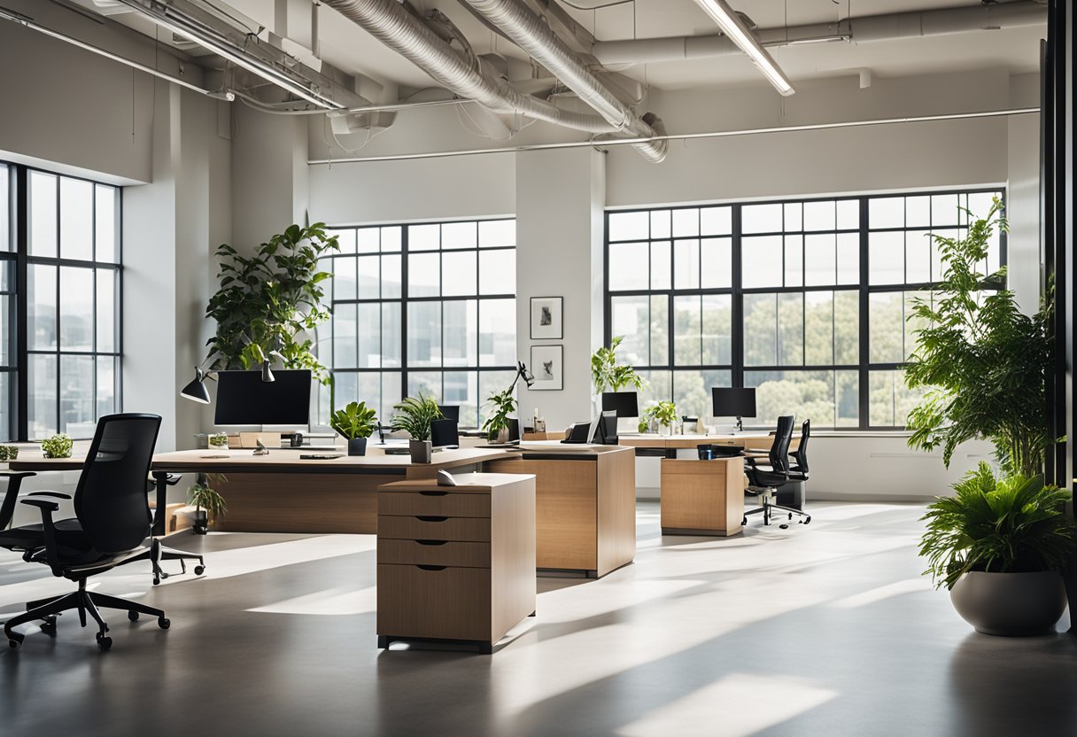 A modern office space with sleek furniture, plants, and abstract artwork. Bright natural light streams in through large windows, creating a warm and inviting atmosphere