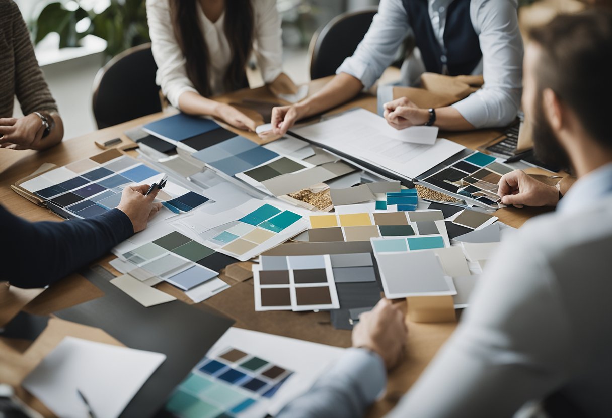 Interior design firms bustling with activity, with designers collaborating on mood boards and fabric swatches, while others meet with clients to discuss project details