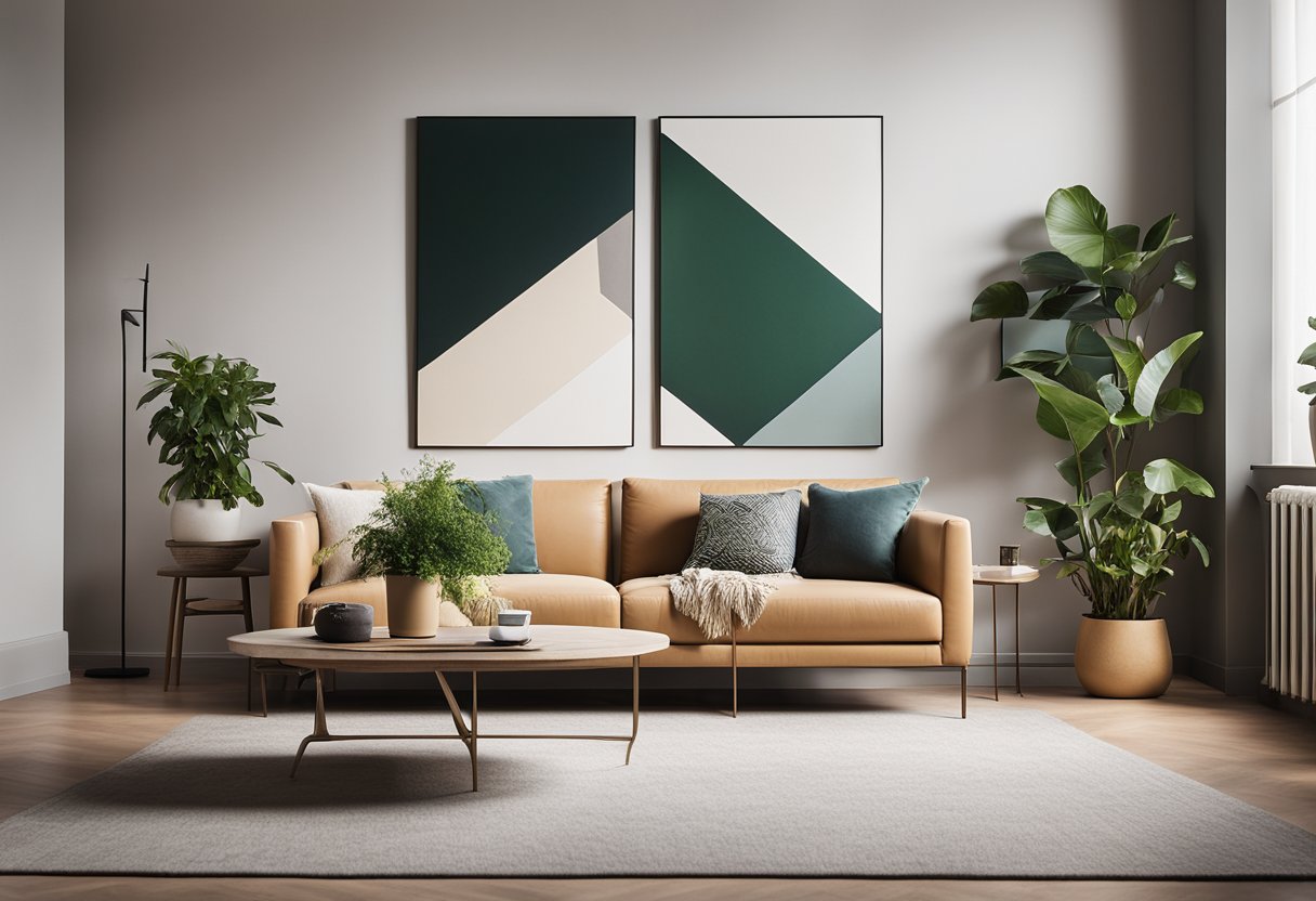 A modern living room with a sleek sofa, geometric coffee table, and abstract wall art. Plants and natural light add warmth to the minimalist space