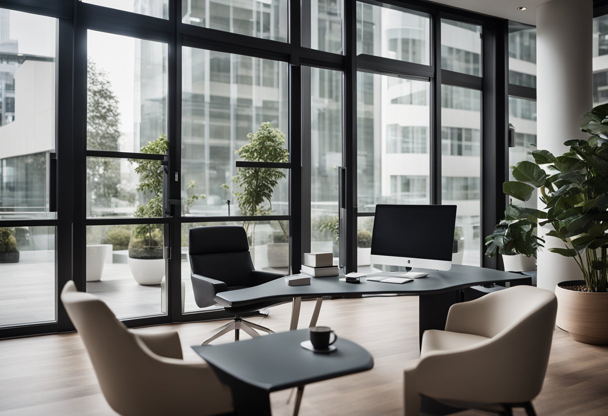 An elegant office space with modern furniture, large windows, and a minimalist color palette. A sleek desk with a computer and design books, and a cozy seating area for client meetings