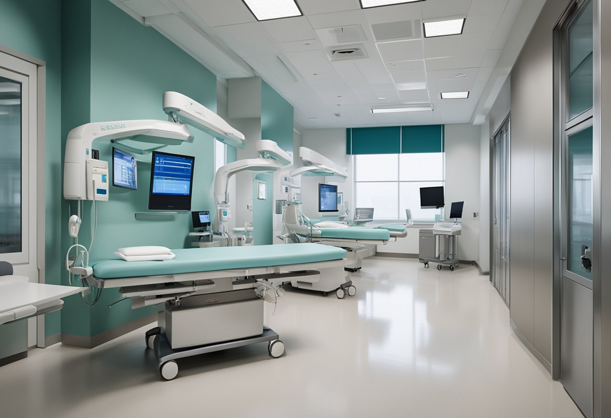 The modern hospital interior features sleek, clean lines, and a calming color palette. High-tech medical equipment is seamlessly integrated into the design, creating a comfortable and efficient space for patients and staff