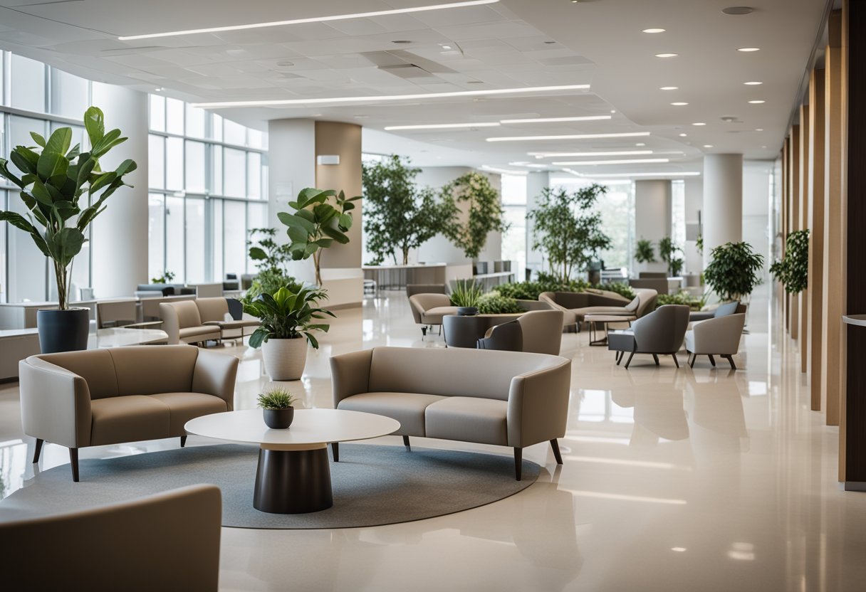 A spacious, well-lit hospital lobby with sleek, modern furniture and calming, neutral color palette. Multiple seating areas and greenery create a welcoming atmosphere