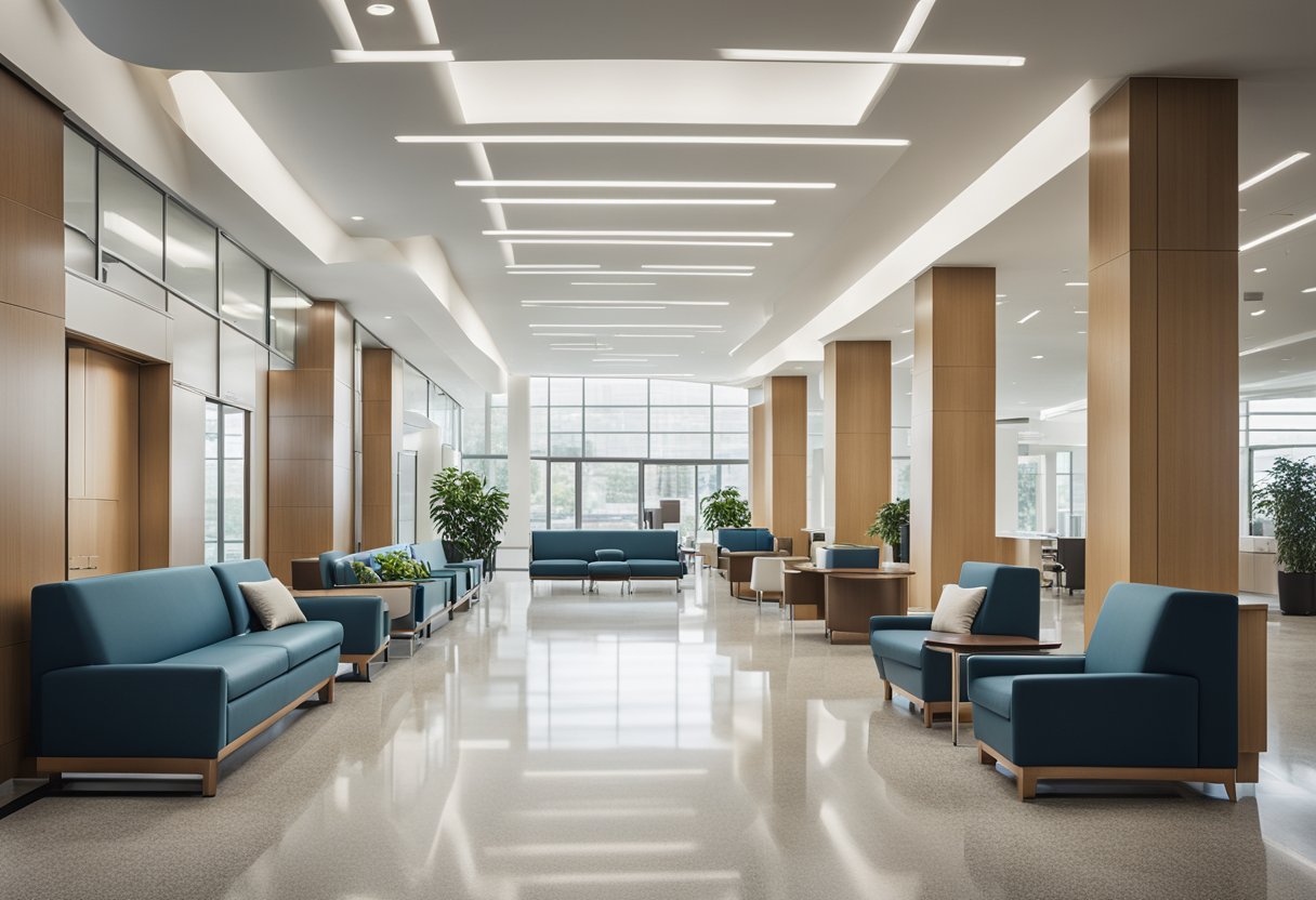 A sleek, spacious hospital lobby with natural lighting, modern furniture, and calming color scheme. Advanced technology seamlessly integrated into the design