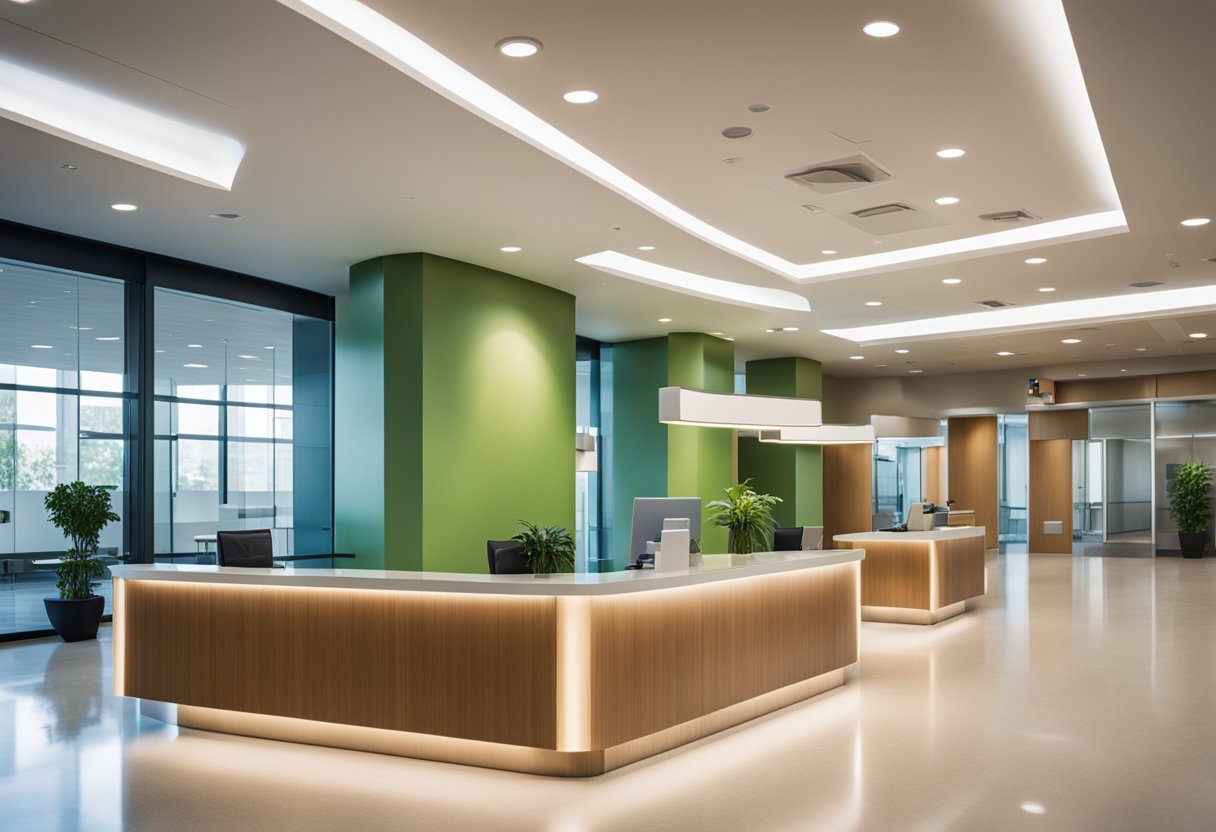 A bright, spacious hospital lobby with sleek, modern furniture and a large information desk. Soft, ambient lighting and colorful artwork create a welcoming atmosphere
