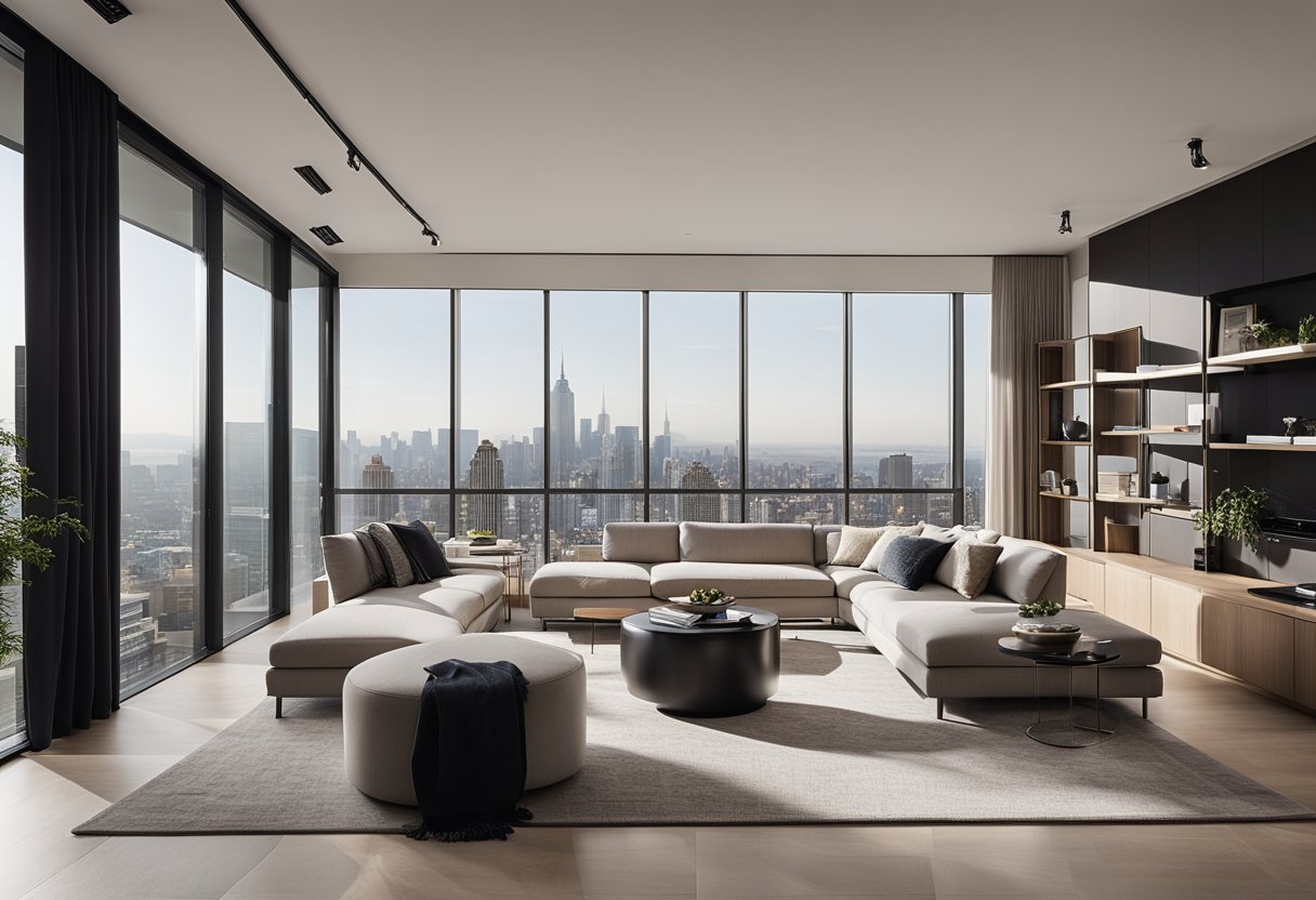 A spacious, modern living room with sleek furniture, high ceilings, and large windows overlooking the city skyline. The decor features clean lines, neutral colors, and luxurious accents