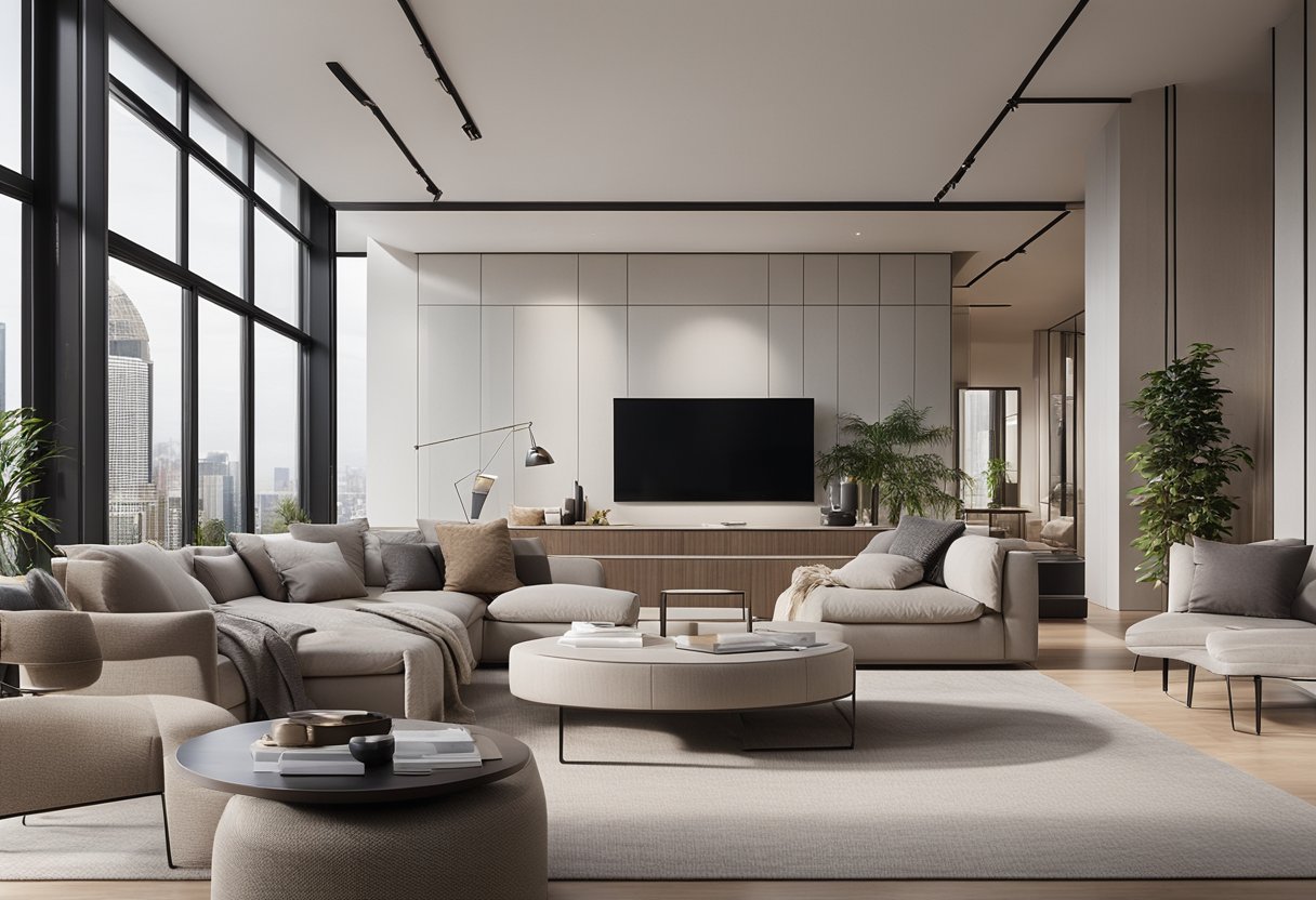 A spacious living room with sleek, modern furniture, large windows with city views, and a neutral color palette