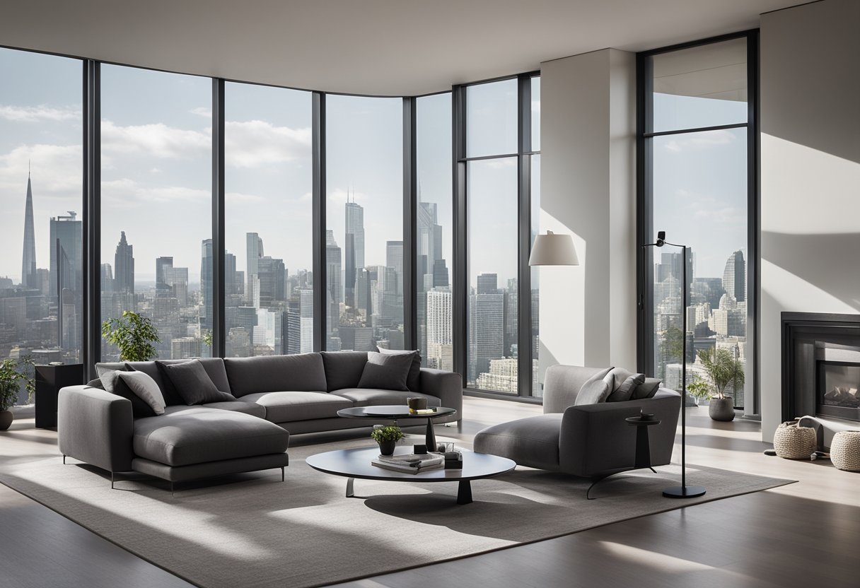 A sleek, modern living room with a monochromatic color scheme, clean lines, and minimalistic furniture. Large windows let in natural light, showcasing the city skyline