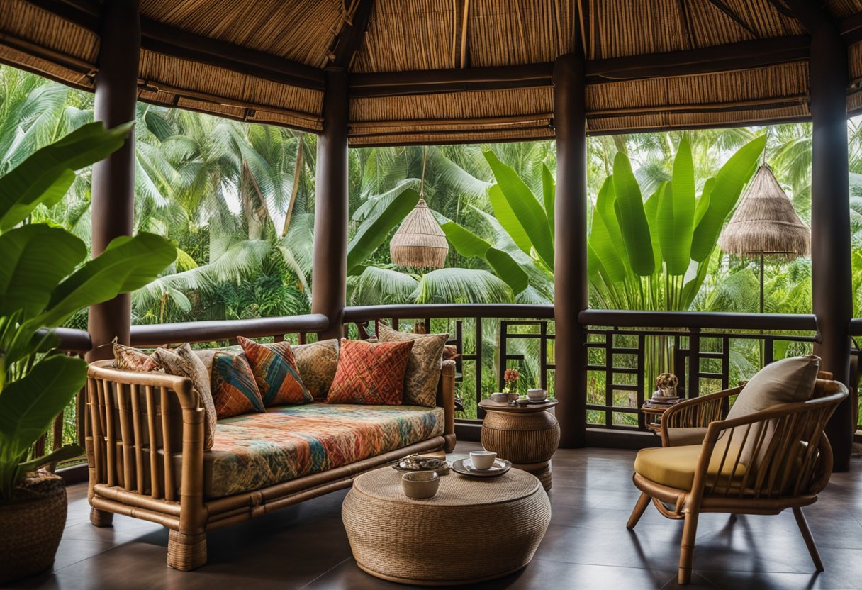 A cozy living room with bamboo furniture, tropical plants, and colorful batik textiles, overlooking a serene Balinese garden with a traditional thatched roof gazebo