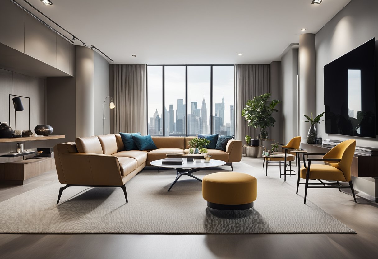 A sleek, modern interior with clean lines and bold colors. Manhattan style design features minimalist furniture and high-end finishes