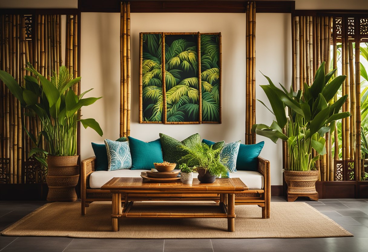 A cozy living room with bamboo furniture, batik-printed cushions, and a traditional Balinese carved wooden screen as a focal point. Tropical plants and colorful artwork adorn the walls, while soft lighting creates a warm and inviting atmosphere