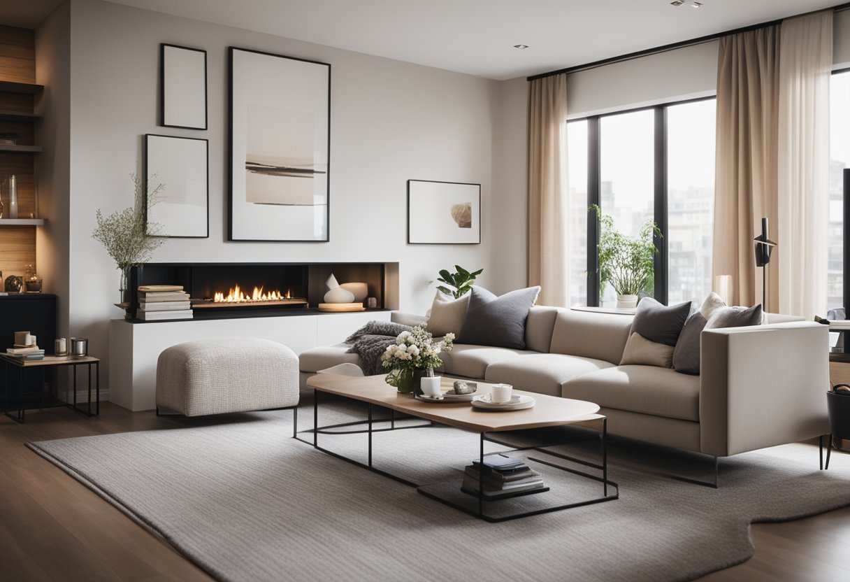 A sleek, modern living room with a neutral color palette, a cozy sectional sofa, and a statement piece of artwork above the fireplace