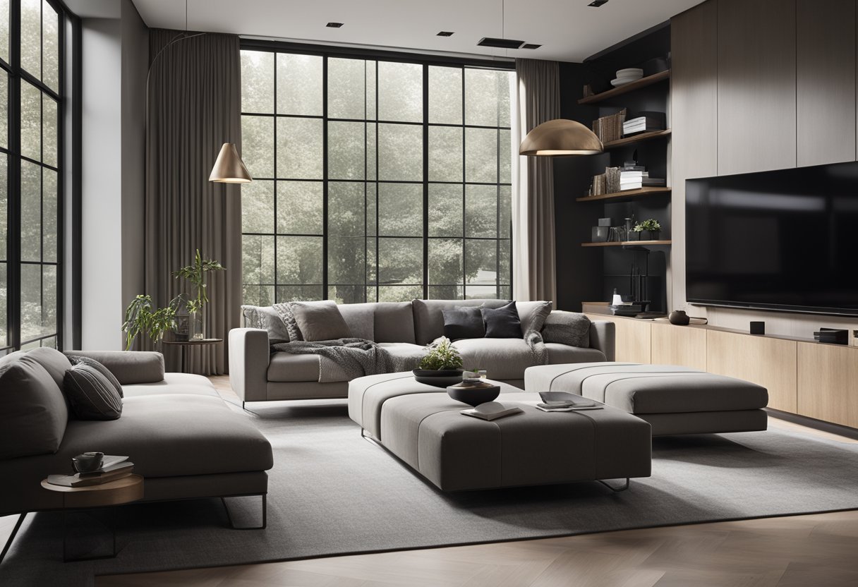 A modern living room with minimalist furniture and a monochromatic color scheme. Large windows let in natural light, and a sleek fireplace serves as a focal point