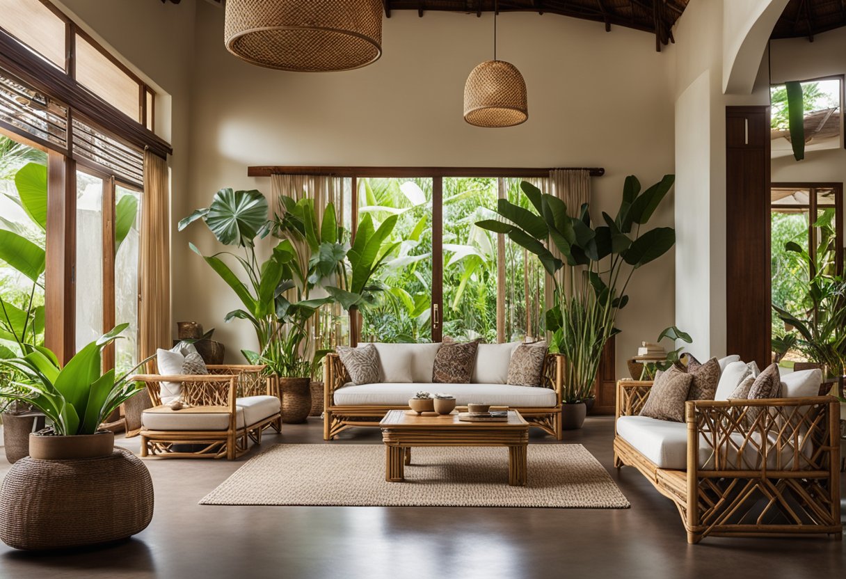 A spacious living room with natural materials, earthy tones, and tropical plants. Bamboo furniture and Balinese decor create a serene and functional space
