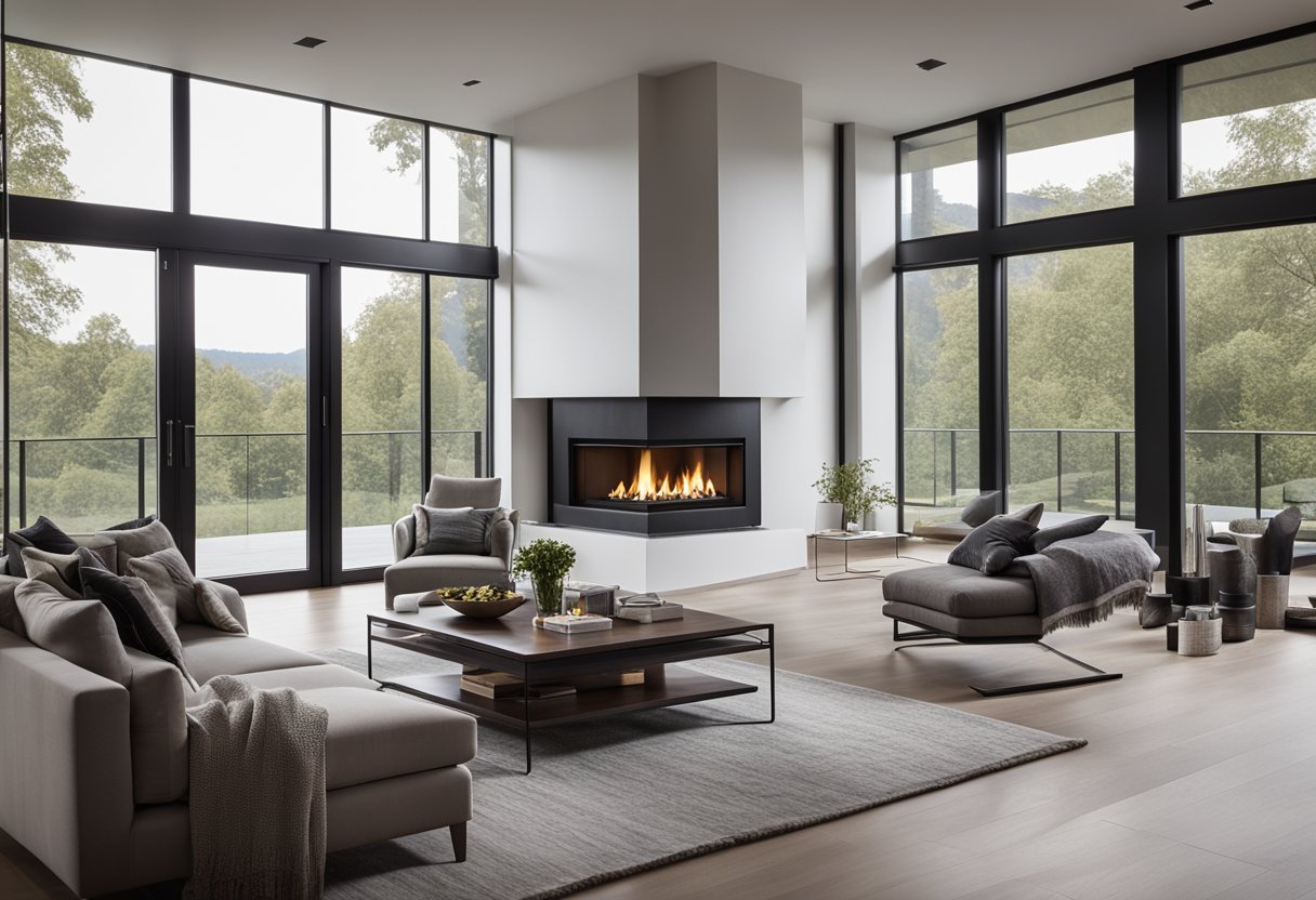 A spacious living room with modern furniture and large windows overlooking a scenic view. A cozy fireplace and stylish decor complete the luxurious ambiance