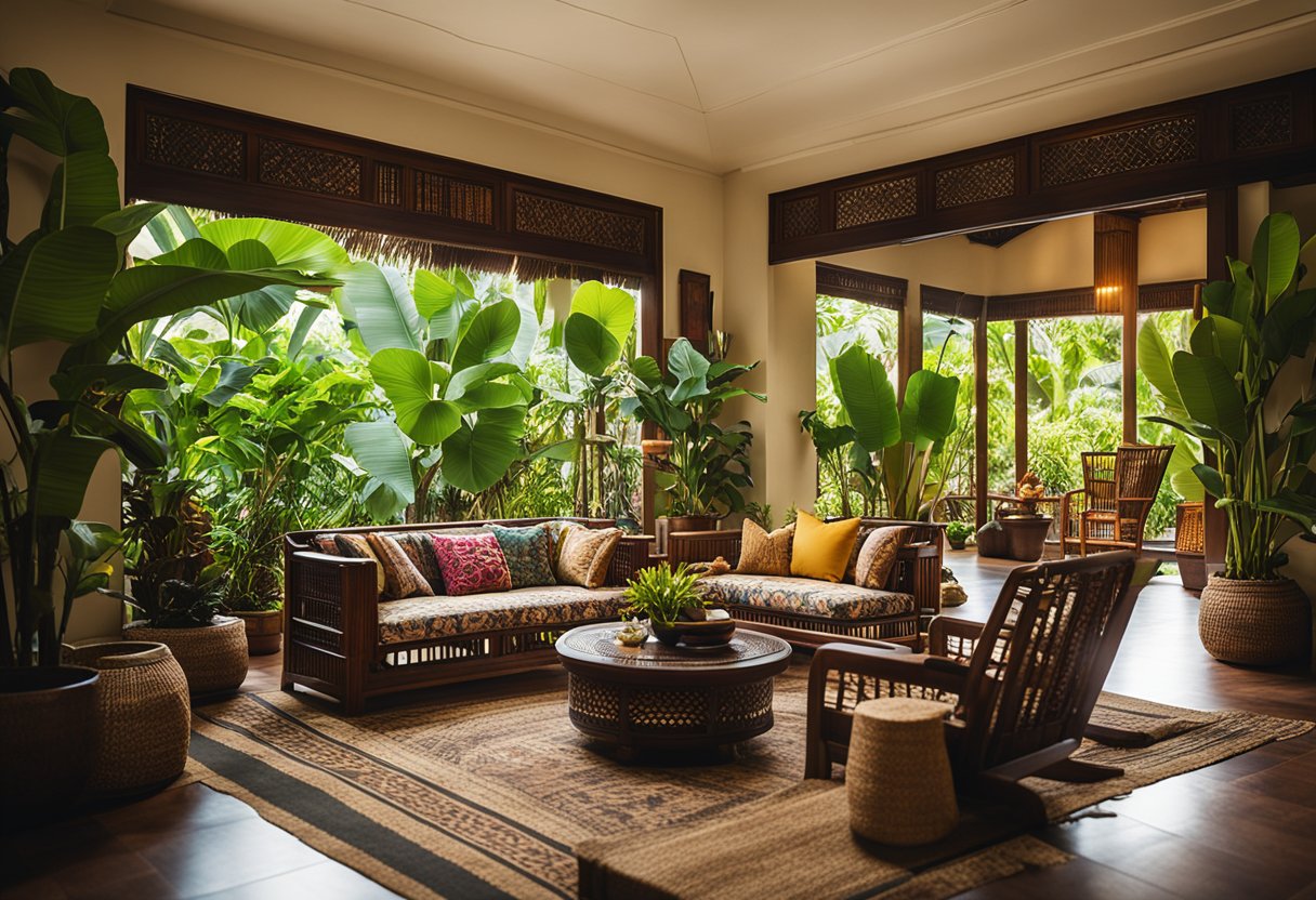 A cozy living room with Balinese-inspired decor, featuring traditional wooden furniture, vibrant batik textiles, and lush tropical plants. Subtle lighting and earthy tones create a warm and inviting atmosphere