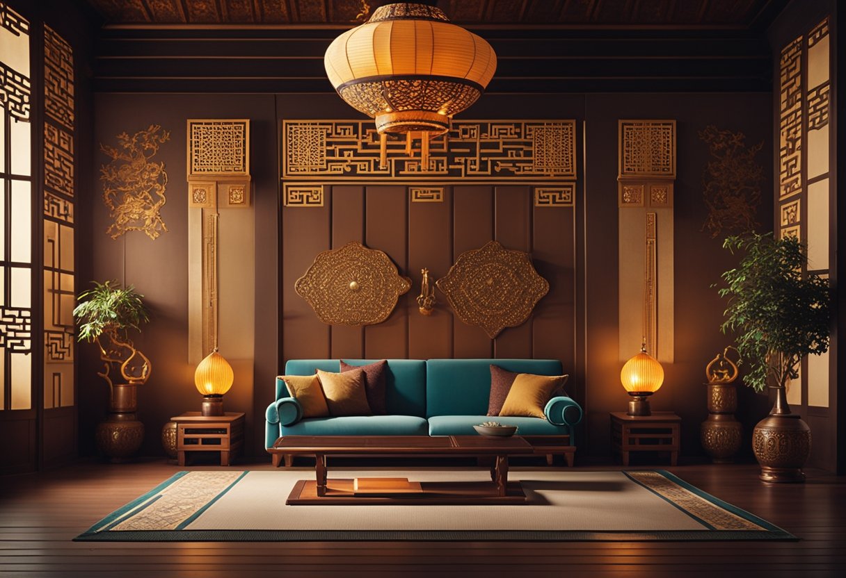 An oriental style interior with low seating, paper lanterns, and decorative screens. Rich colors, intricate patterns, and ornate furniture create a serene and elegant atmosphere