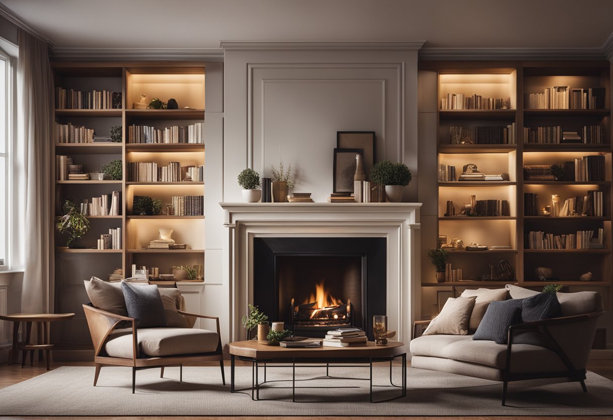 A cozy living room with a large, plush sofa, a warm fireplace, and soft, ambient lighting. A bookshelf filled with books and decorative items adds a touch of sophistication