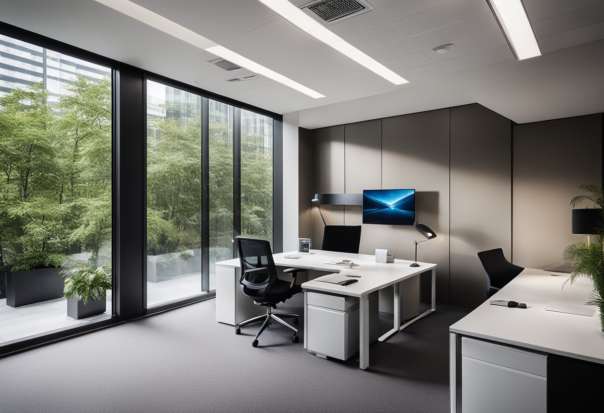 The modern office cabin features sleek, minimalist furniture, large windows for natural light, and a color scheme of neutral tones with pops of vibrant accent colors