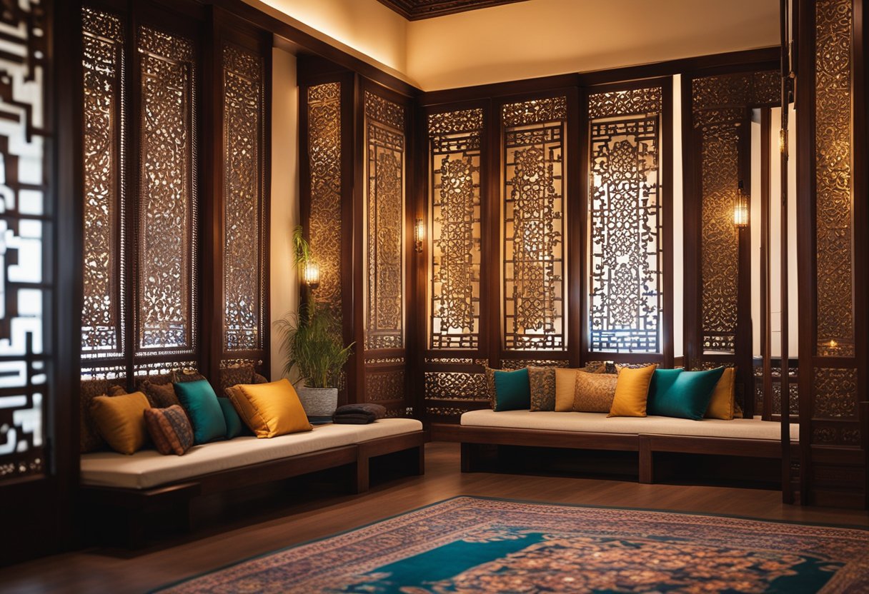 An ornate wooden screen divides the room, adorned with intricate carvings. Silk cushions and embroidered tapestries add vibrant color to the space. Oriental lanterns cast a warm glow, illuminating the rich textures and patterns of the decor