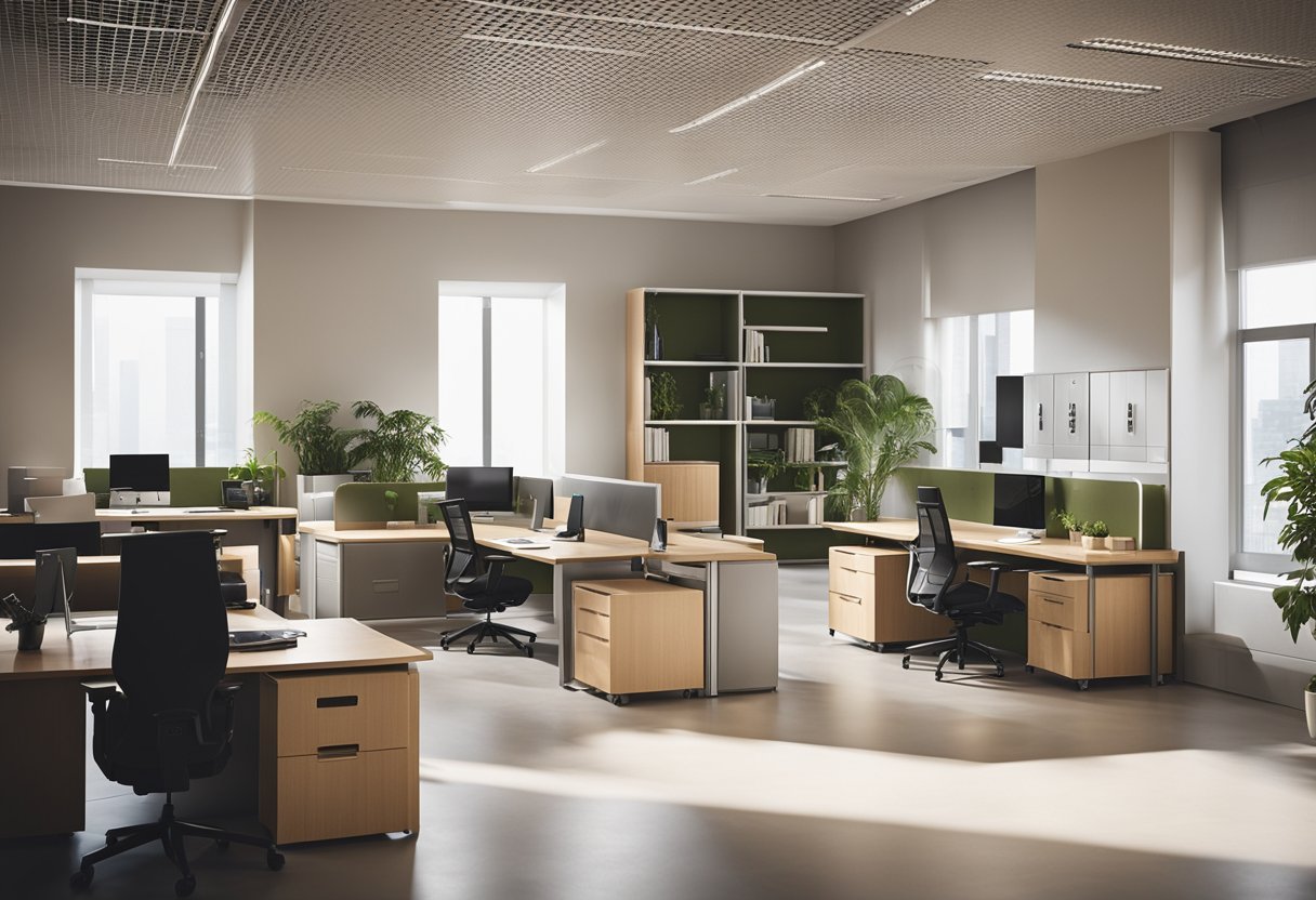 A spacious, well-lit office cabin with ergonomic furniture, natural colors, and minimalistic decor for a productive and comfortable work environment