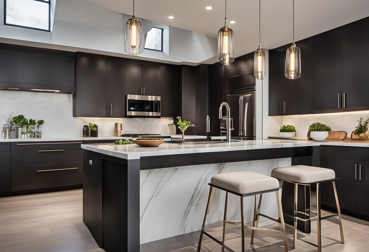 A sleek kitchen island with pendant lighting, marble countertops, and modern bar stools. Stainless steel appliances and a large sink complete the contemporary design