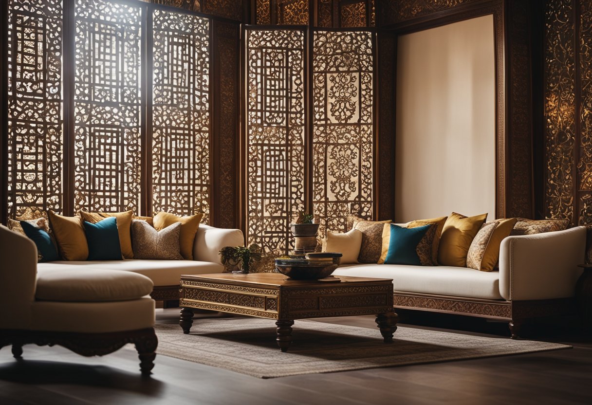An ornate wooden screen divides the space, revealing a cozy sitting area with low tables, floor cushions, and intricate silk tapestries. Rich colors and ornamental details adorn the room, creating a serene and elegant atmosphere