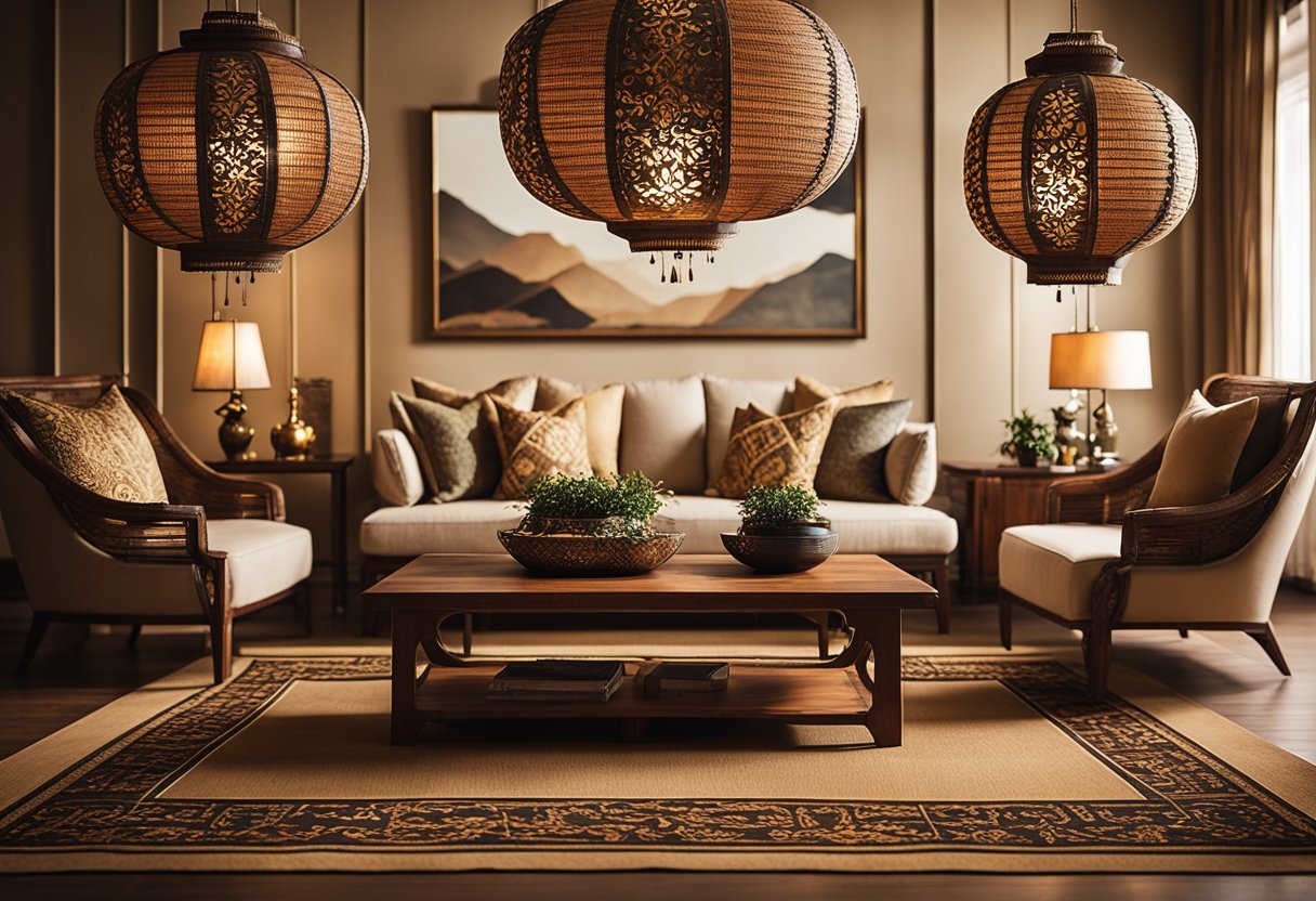 An oriental-style interior with traditional furniture, intricate patterns, and warm, earthy colors. Oriental rugs, paper lanterns, and bamboo accents complete the look