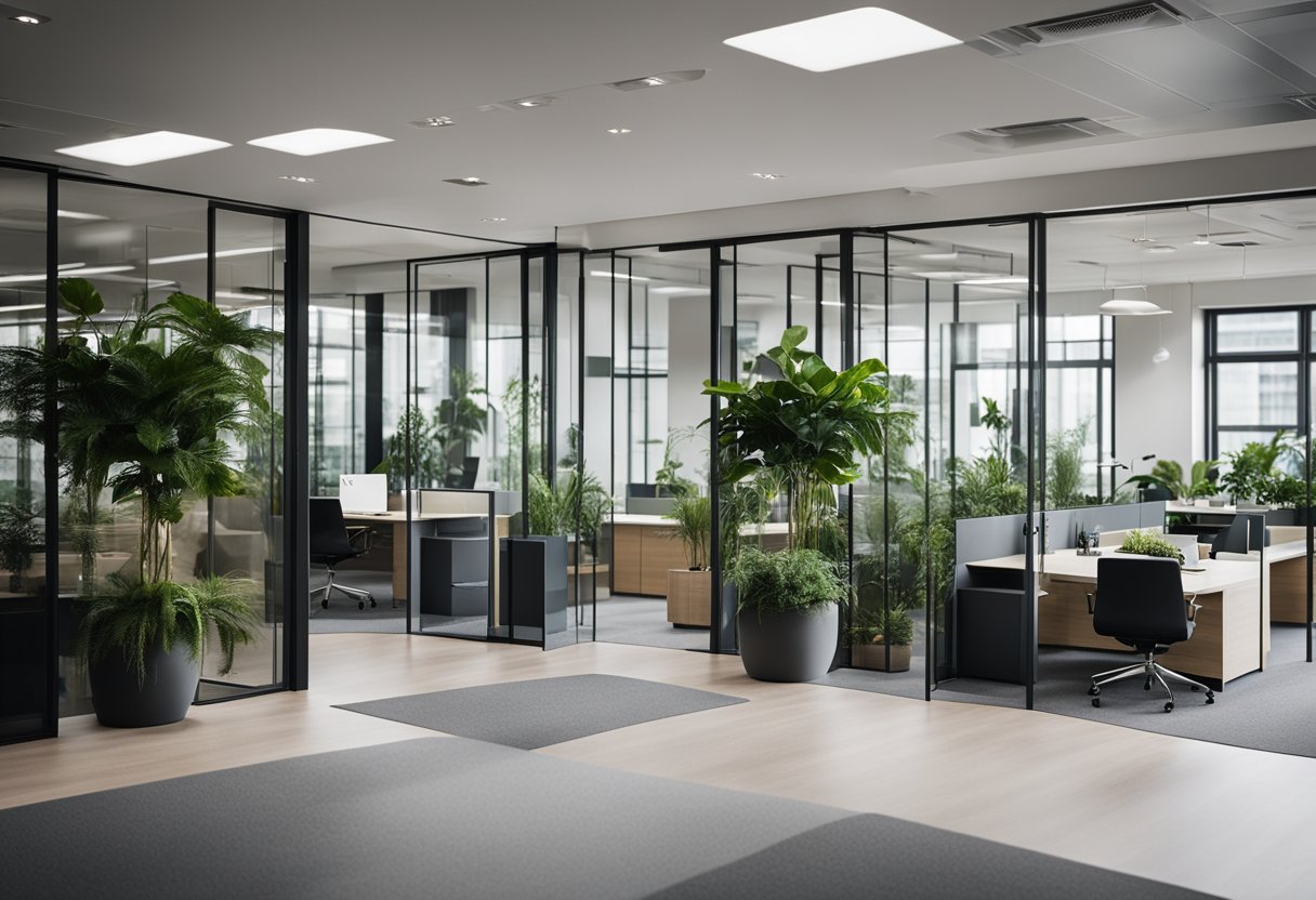 Modern office cabin with sleek, minimalistic furniture, neutral color palette, and large windows for natural light. Glass partitions and green plants add a touch of sophistication