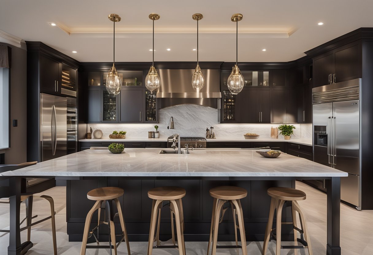 A spacious kitchen island with marble countertops and a built-in sink, surrounded by sleek bar stools and pendant lighting