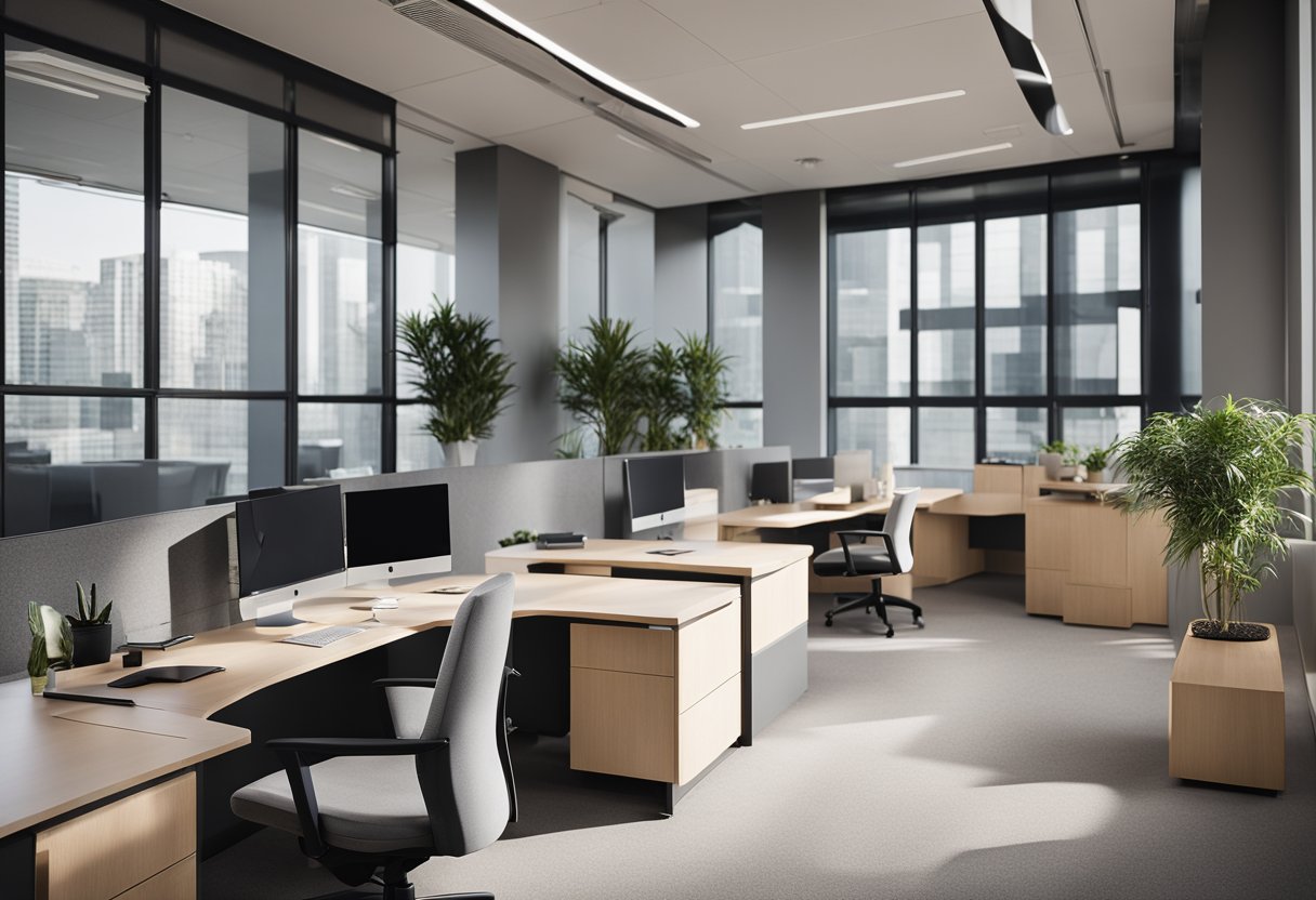 A sleek, minimalist office cabin with ergonomic furniture, ample natural light, and a muted color palette. Clean lines and open space create a modern, inviting atmosphere