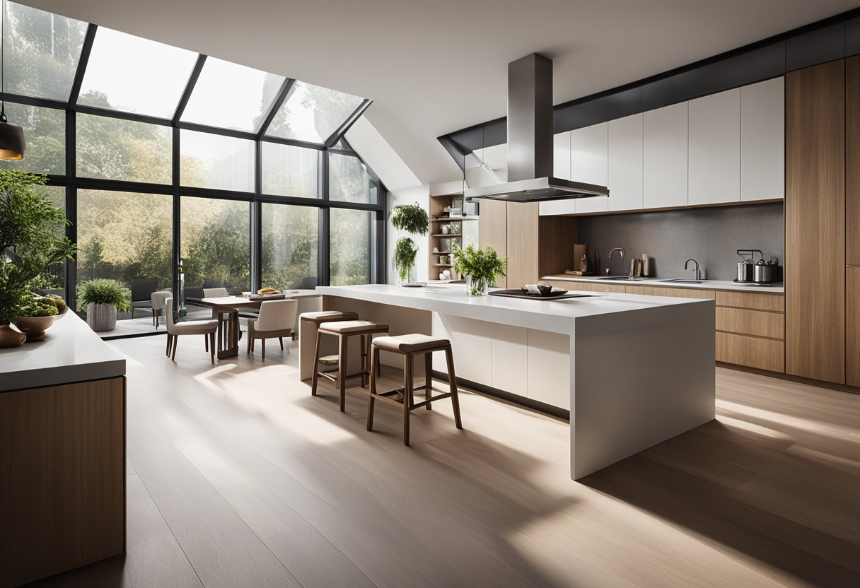 A spacious kitchen with a sleek, multifunctional island, equipped with storage, seating, and cooking space. Natural light floods in through large windows, highlighting the modern, minimalist design