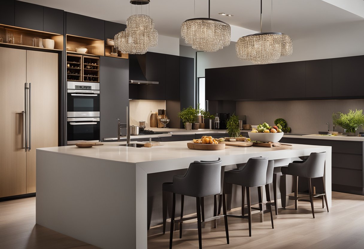 A modern kitchen island with sleek countertops, pendant lighting, and built-in storage. A family gathers around for a meal, while the chef prepares food on the spacious surface