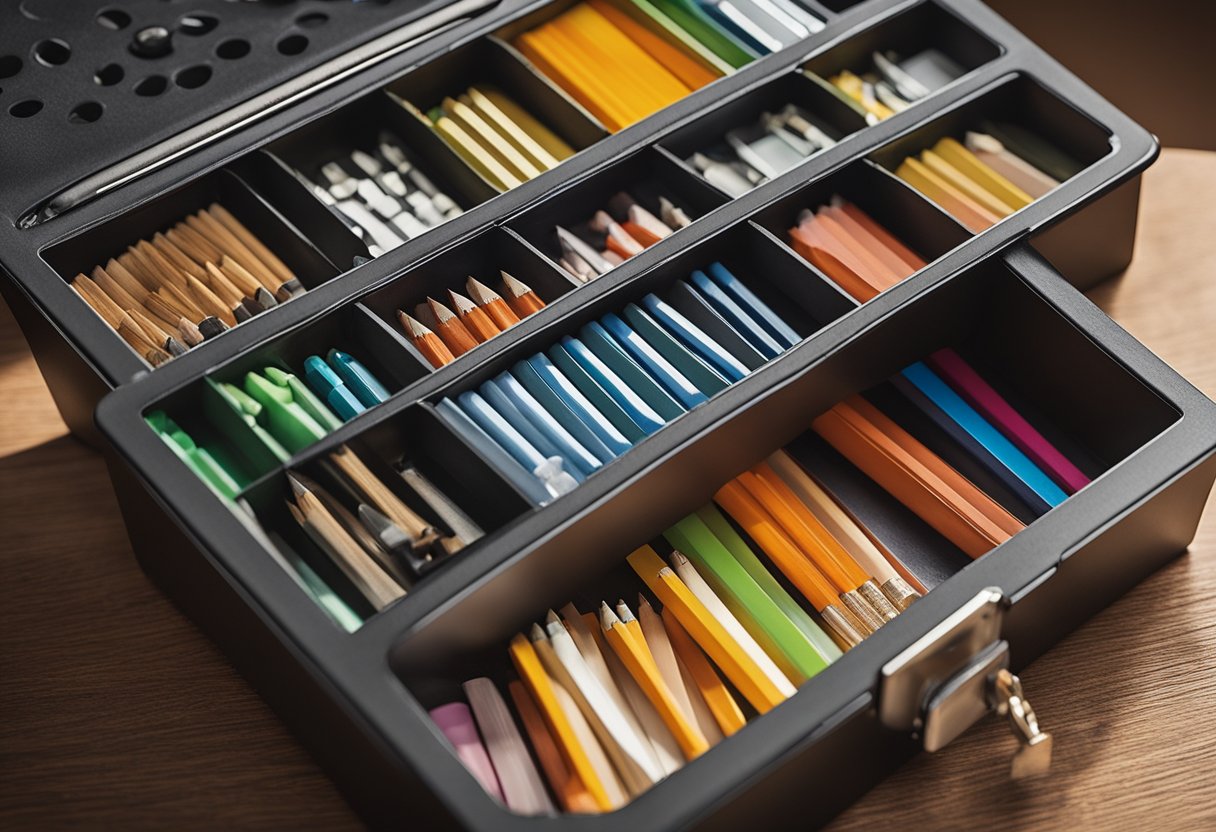 The pencil box interior is organized with labeled compartments for various items, such as erasers, sharpeners, and colored pencils. A small notepad and a set of instructions are tucked neatly into a side pocket