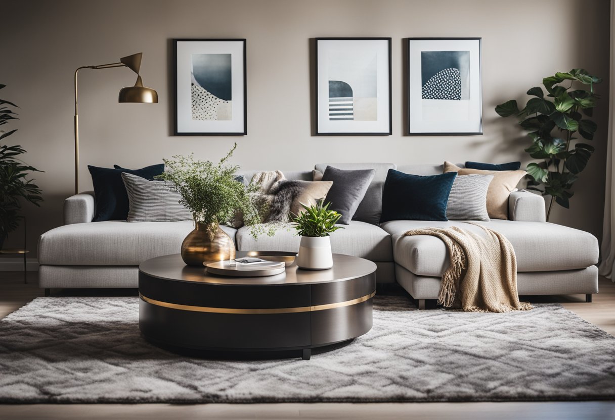 A cozy living room with a large, plush sectional sofa, a coffee table with decorative accents, a soft area rug, and a statement piece of artwork on the wall