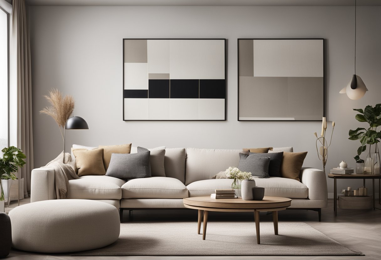 A modern living room with neutral tones, clean lines, and minimalistic furniture. A large, statement piece of artwork hangs on the wall, complemented by a plush area rug and soft, cozy throw pillows