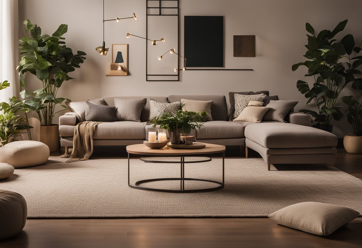 A cozy living room with soft, plush seating, warm lighting, and functional storage. A large area rug ties the space together, while plants and decorative accents add a touch of personality