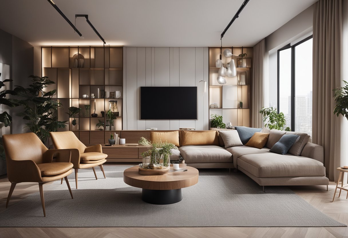 A cozy living room with modern furniture, warm color scheme, and plenty of natural light. A comfortable seating area, stylish decor, and a functional layout