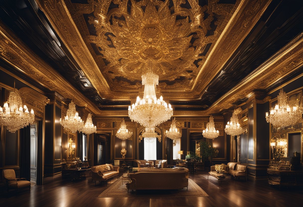 The opulent royal 88 interior features intricate gold detailing, luxurious velvet upholstery, and ornate chandeliers. Rich jewel tones adorn the walls, and elaborate trimmings adorn the ceiling and doorways