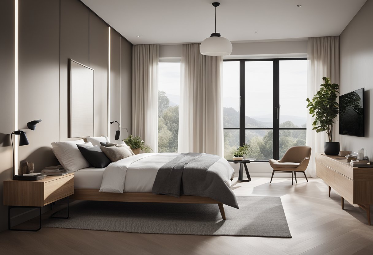 A modern bedroom with sleek furniture, neutral color palette, and minimalistic decor. Large windows let in natural light, creating a bright and airy atmosphere