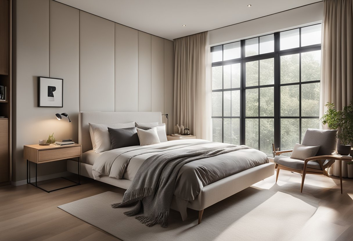 A sleek, minimalist bedroom with a platform bed, clean lines, and neutral color palette. Large windows let in natural light, and a cozy reading nook with a plush chair and floor lamp adds a touch of comfort