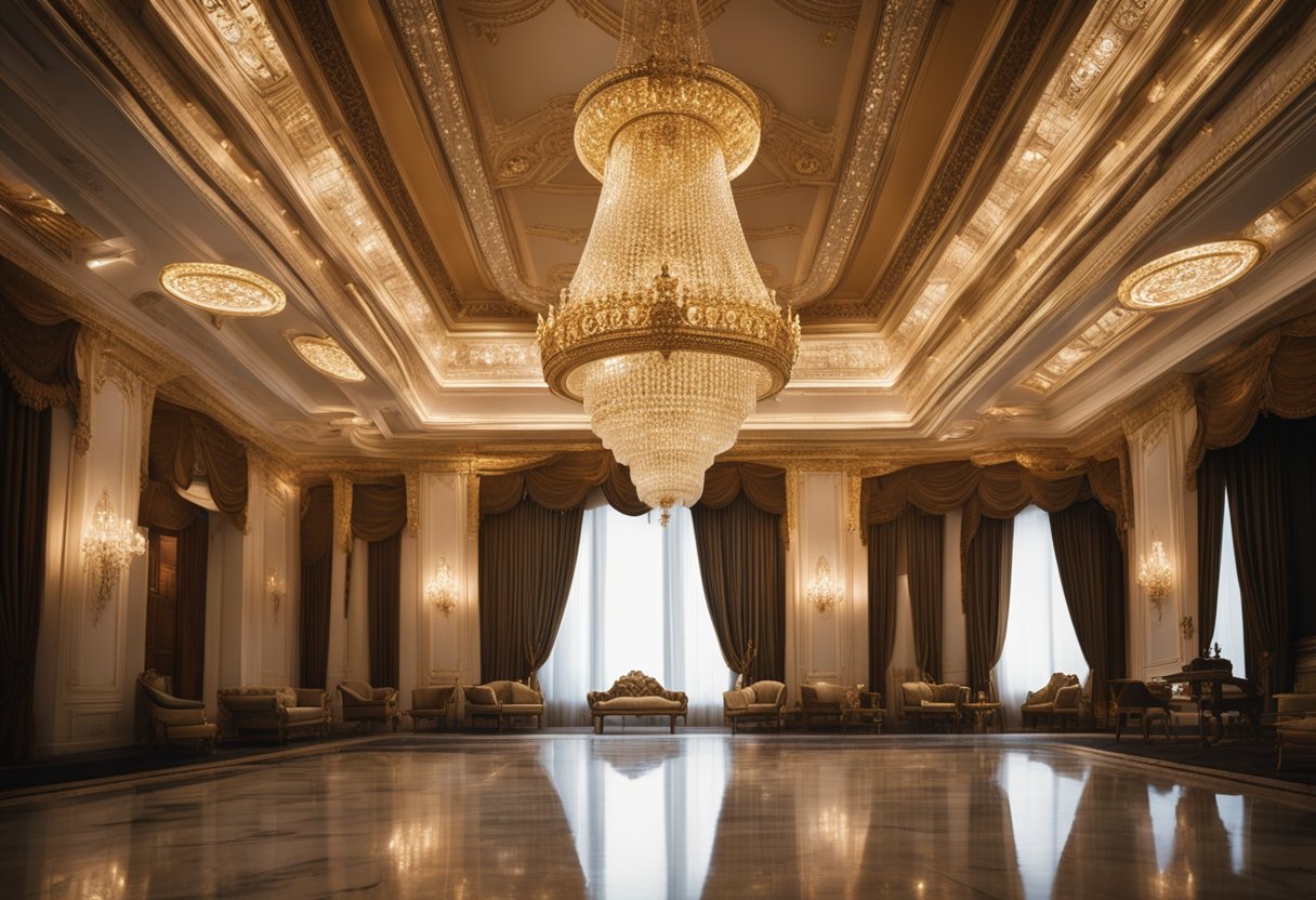A grand chandelier illuminates the opulent ballroom, adorned with intricate gold trim and luxurious velvet drapes. The ornate furniture exudes elegance, while the marble floors gleam under the soft glow of the light