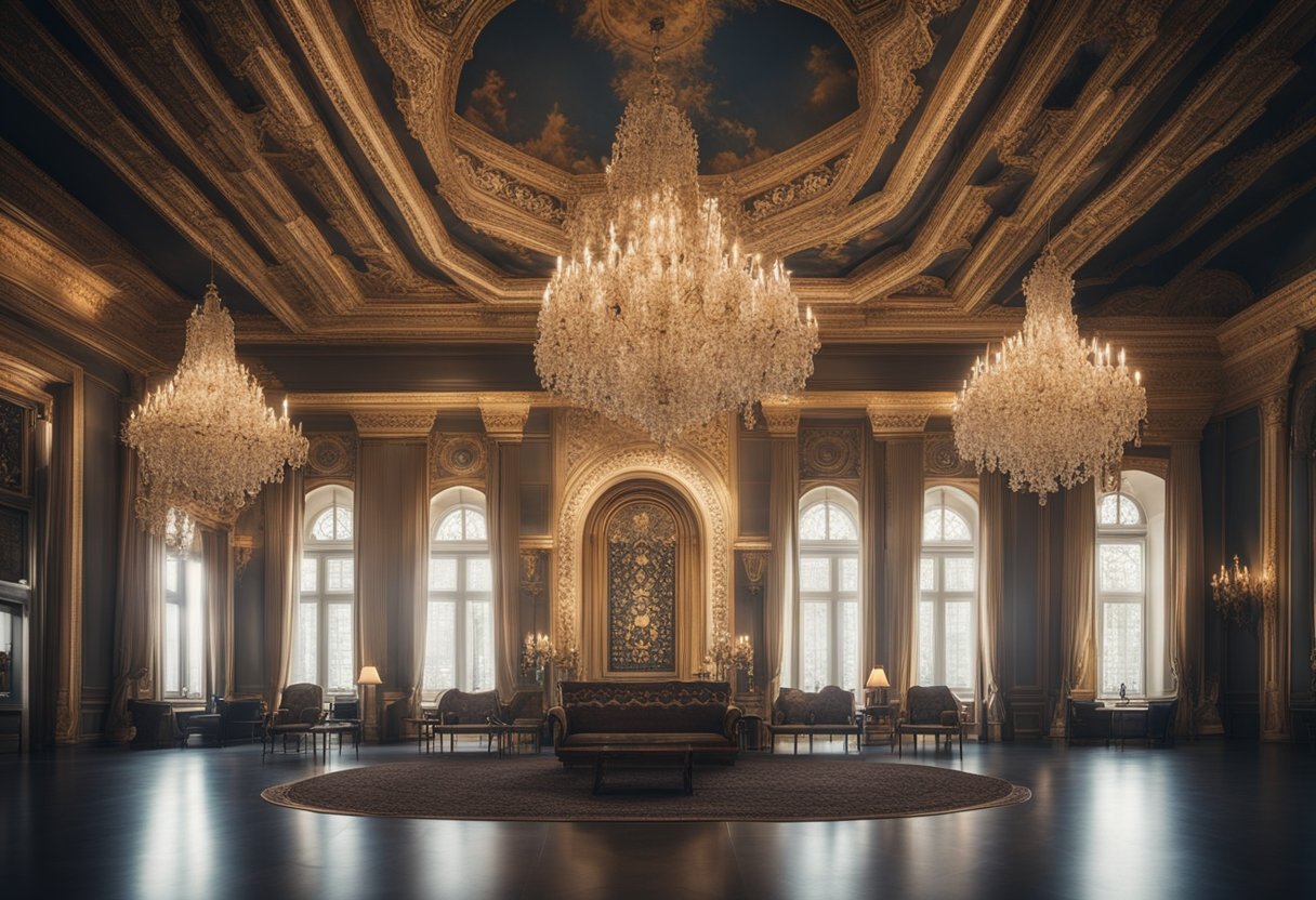 A grand hall with ornate furnishings and regal decor, featuring a large chandelier and intricate wall designs