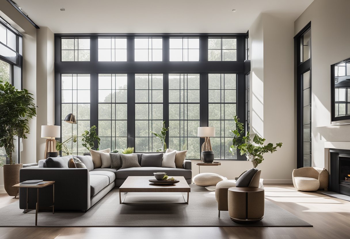 A modern living room with sleek furniture, clean lines, and a neutral color palette. A large window allows natural light to fill the space, while minimalist decor adds a touch of elegance