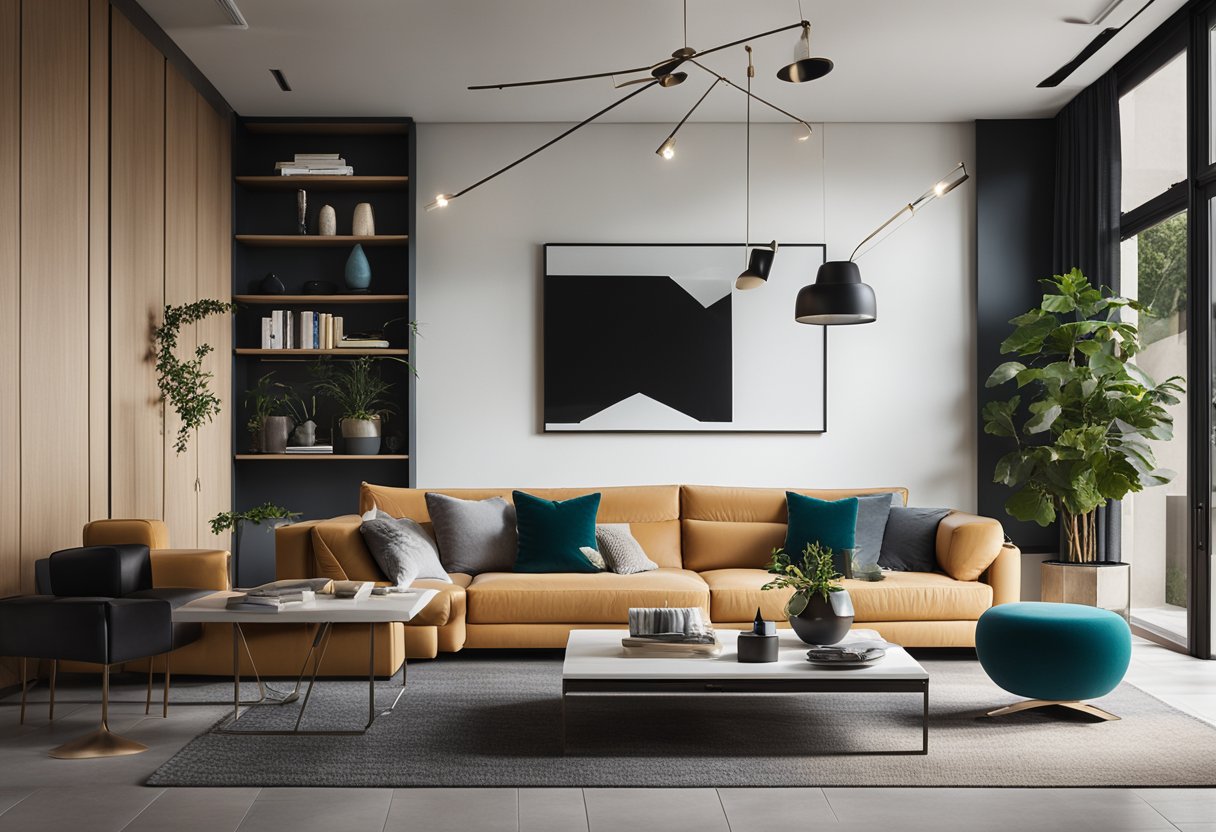 A modern living room with sleek furniture, clean lines, and a pop of bold color. A mix of textures and materials creates a sophisticated yet comfortable space