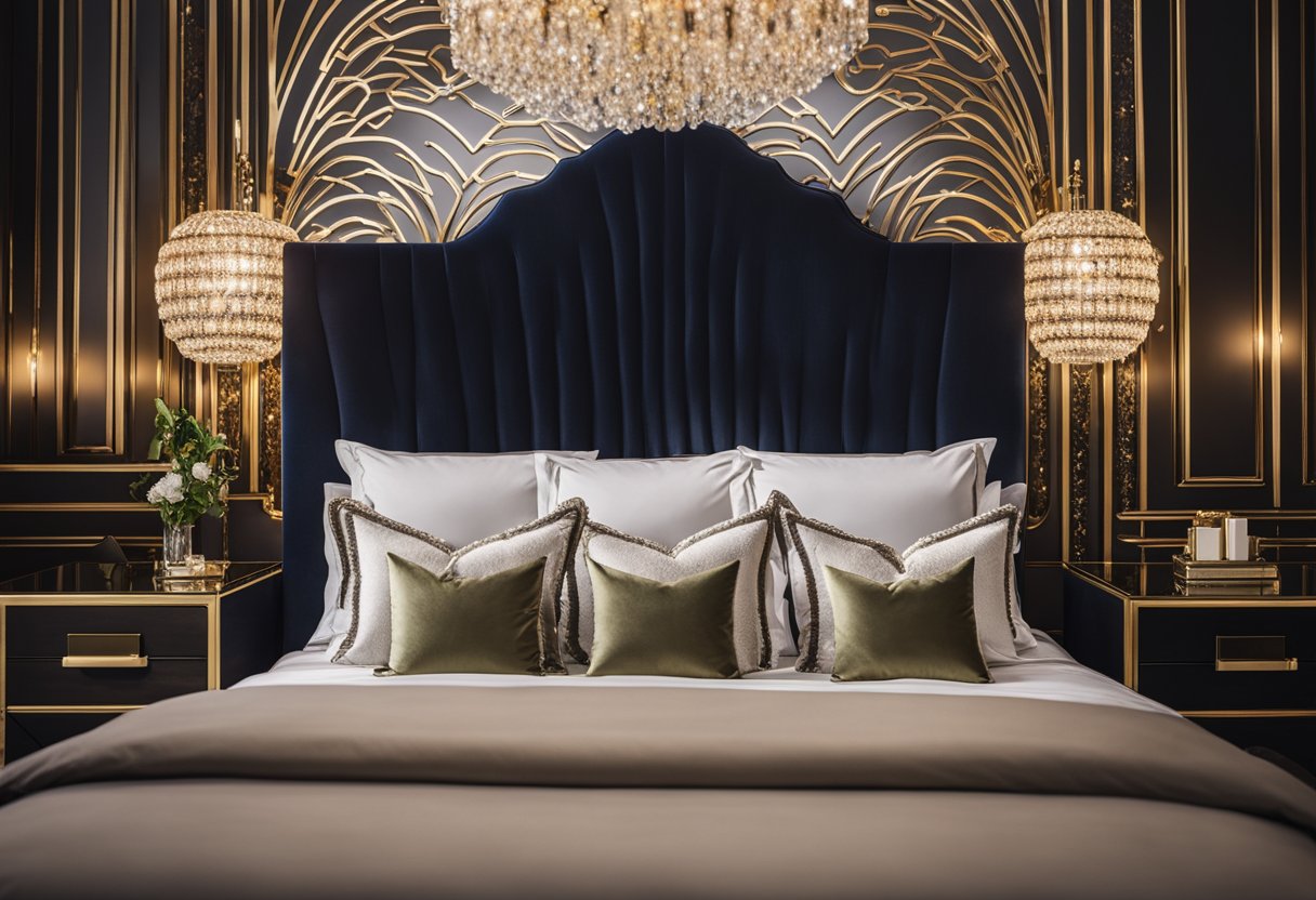 A plush, velvet headboard adorns the bed, while metallic accents and a crystal chandelier add a touch of luxury to the modern bedroom