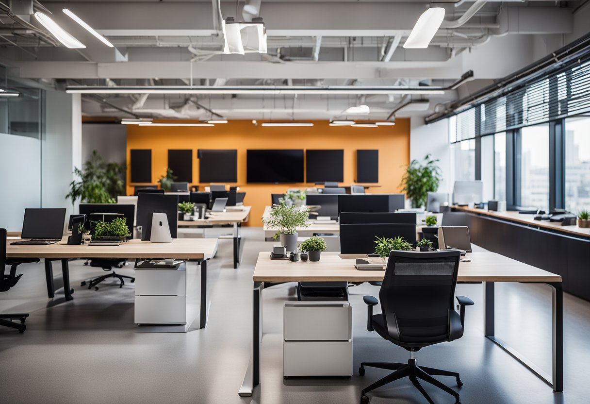 A modern office space with sleek furniture, vibrant accent walls, and large windows flooding the room with natural light. Tech gadgets and design sketches are scattered across the desks, creating an atmosphere of creativity and innovation