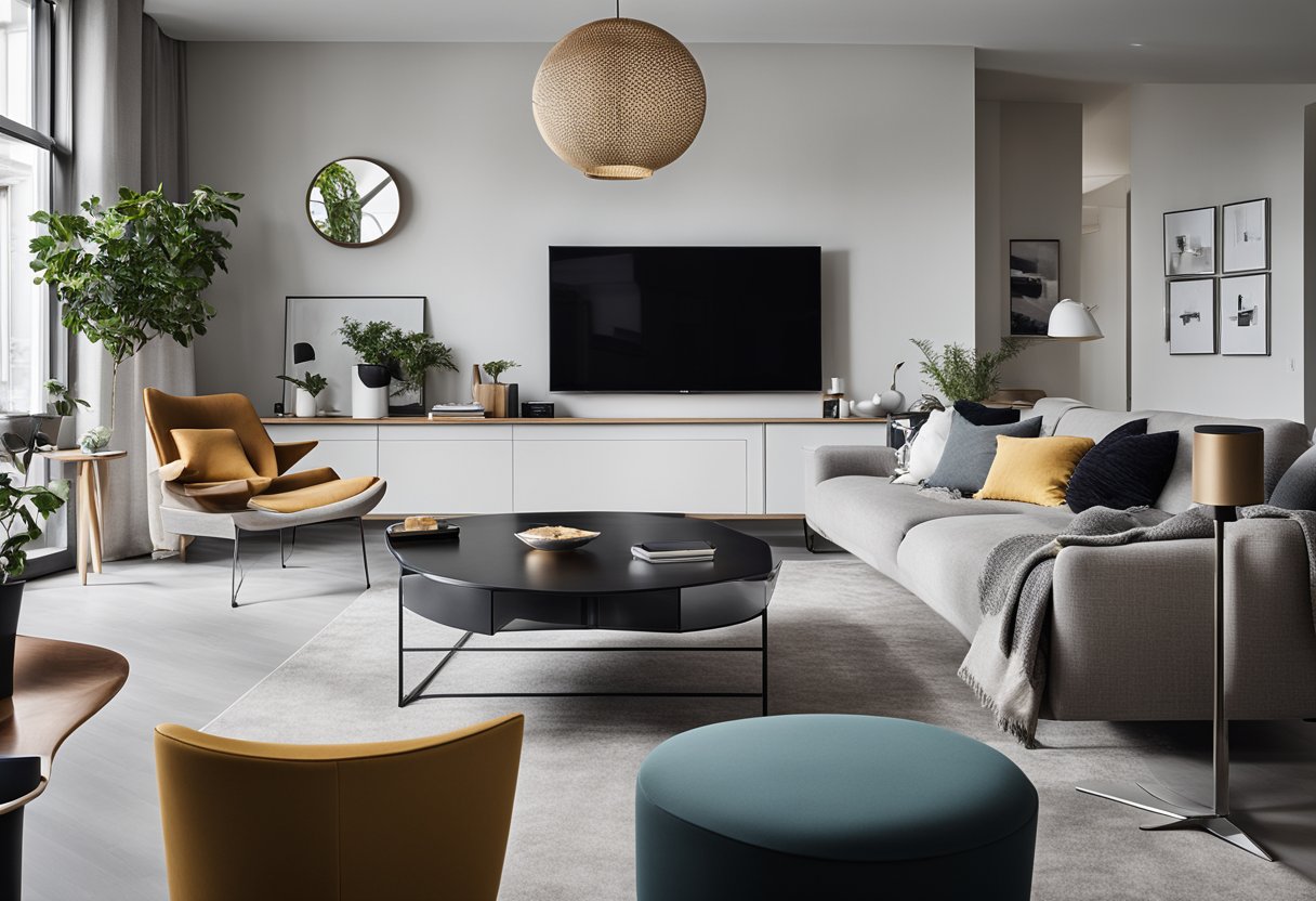 A modern living room with sleek furniture, clean lines, and pops of color. A functional and aesthetic space designed by BoConcept interior design service