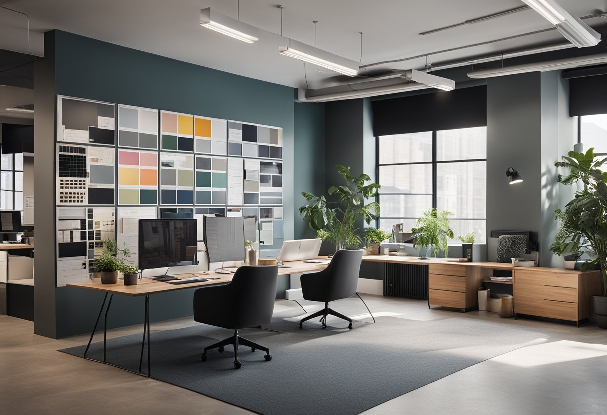 A sleek, modern office space with a minimalist design, featuring a large mood board filled with color swatches, fabric samples, and furniture sketches. A computer with design software sits on a clean, organized desk