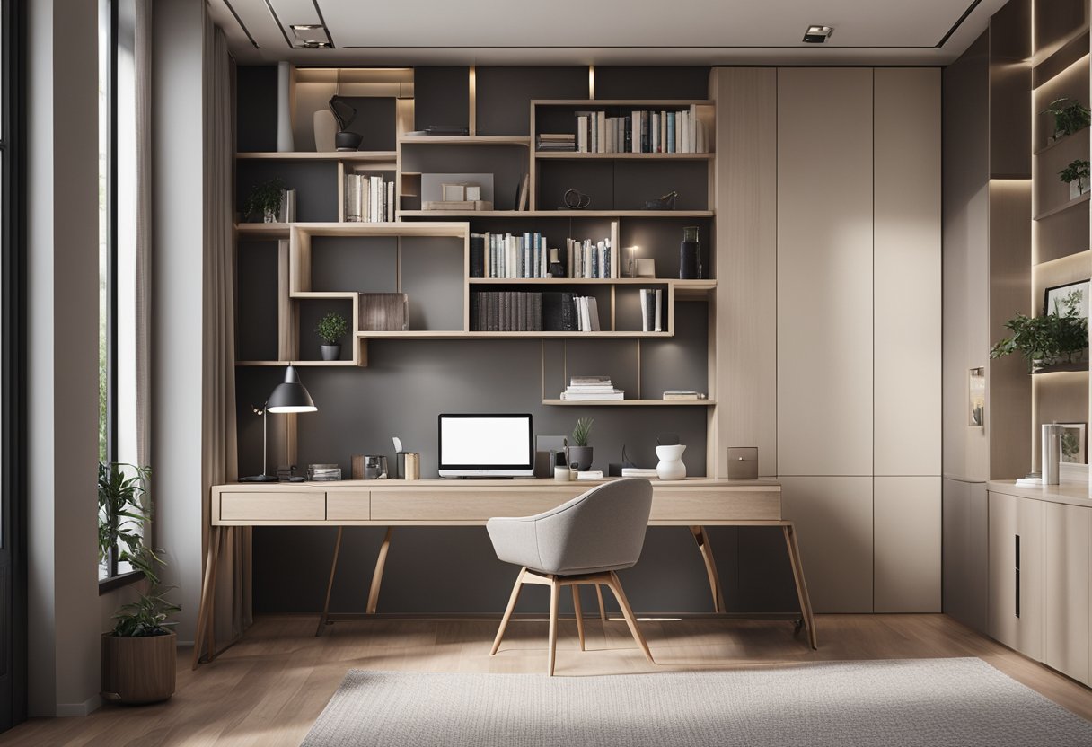 A sleek, minimalist bedroom with clean lines and neutral colors. A cozy reading nook with a plush chair and floor-to-ceiling bookshelves. A stylish, yet functional workspace with a sleek desk and plenty of natural light